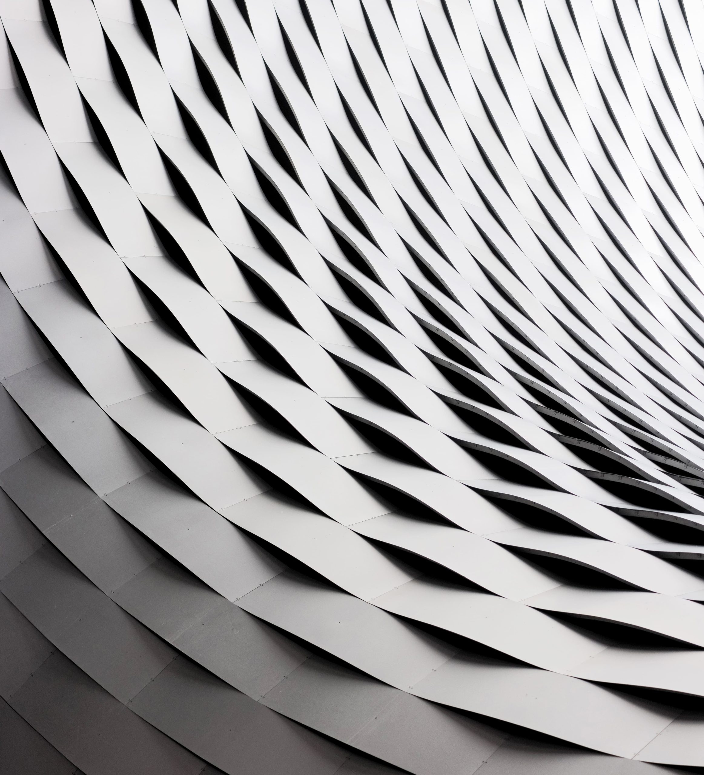 Abstract black-and-white architectural facade with repeating curved panels and geometric shadows.